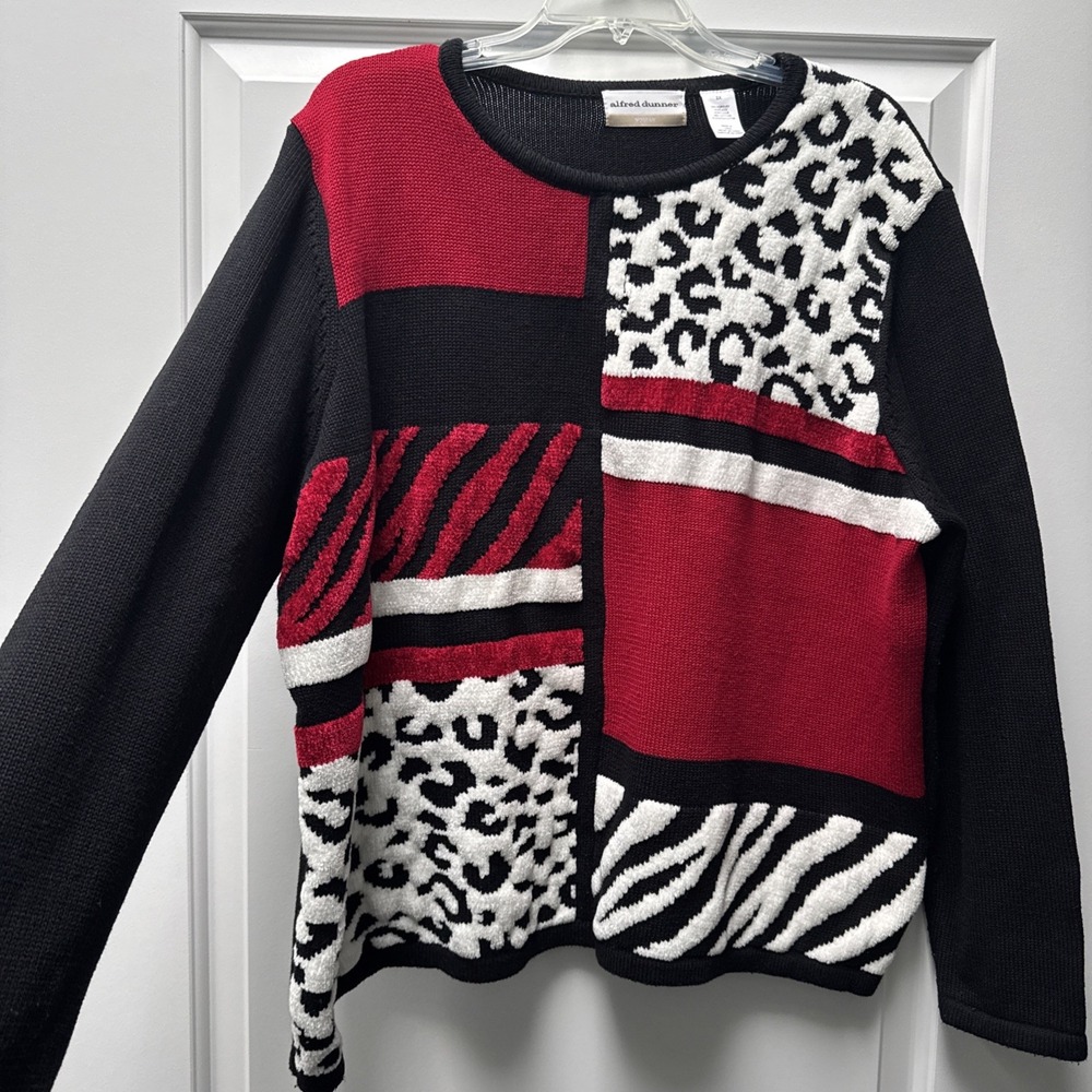 Alfred Dunner Sweater Women's Plus 2X Long Sleeved Red/Black Leopard, Stripes
